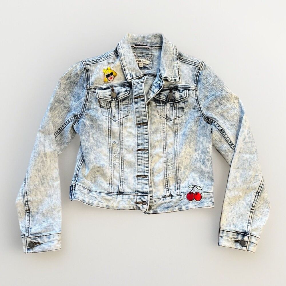 YMI Cropped Denim Jacket Small Acid Wash Embroidered Patches
